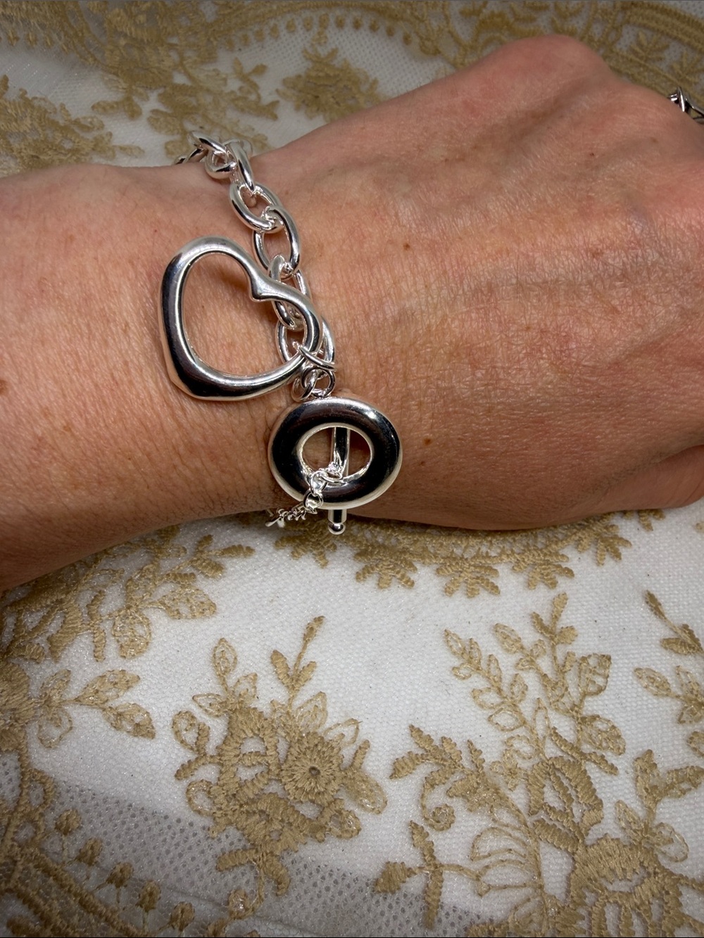 925 Sterling Silver Oversized Open Heart Toggle Bracelet Classic Silver Chain